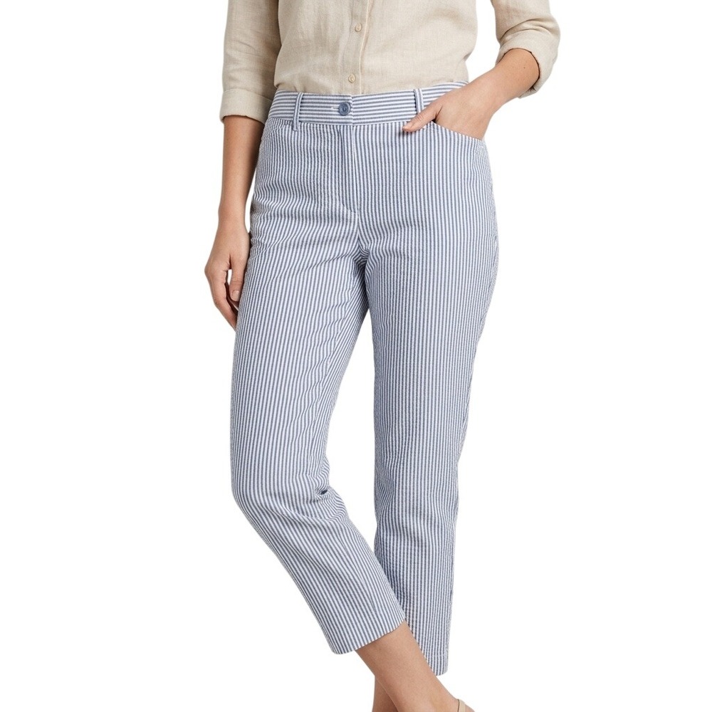 Talbots Women Size 10 Blue Seersucker Striped Cotton Trousers Perfect Crop Pants